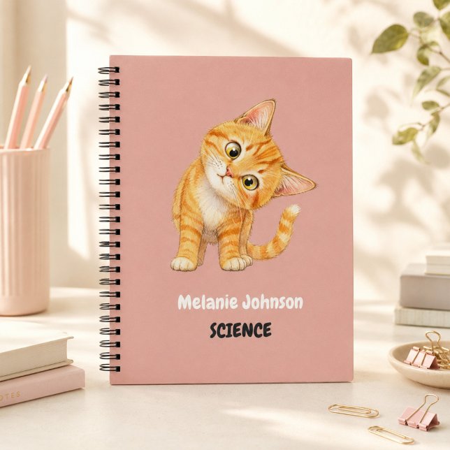 Personalised Cute Orange Cat Pink School Subject Notebook (Personalized Cute Orange Cat Pink School Subject Notebook)
