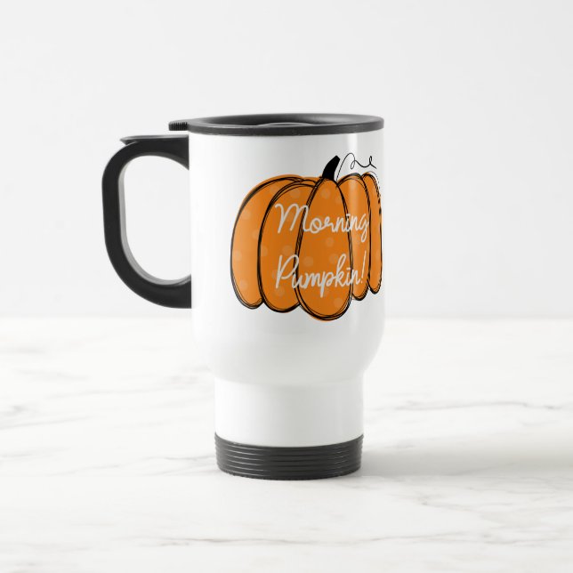 Personalised Cute Orange Good Morning Pumpkin Travel Mug (Left)