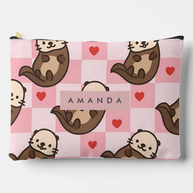 Personalised Cute Otter Love with Heart Pattern Accessory Pouch (Front)