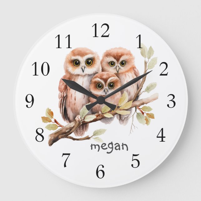 Personalised Cute Owl Large Clock (Front)