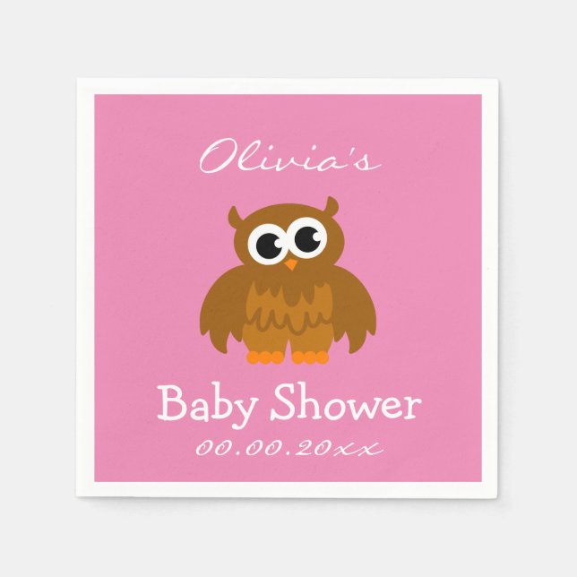 Personalised cute owl pink baby shower napkins (Front)