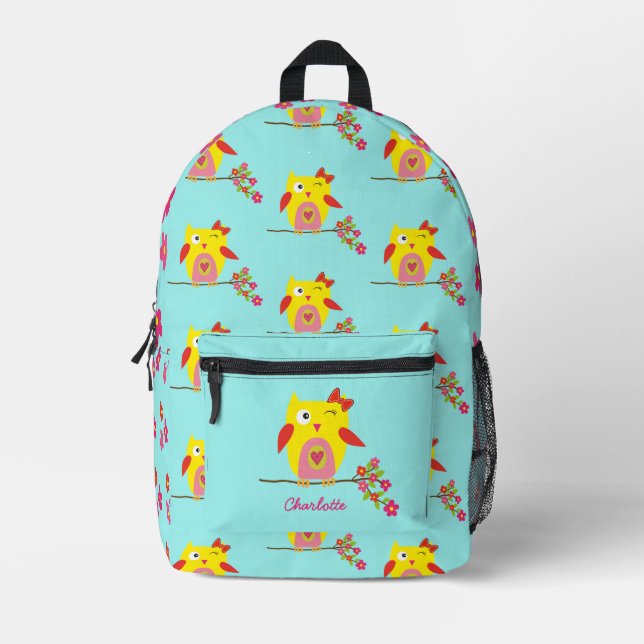 Personalised Cute Owl Pink Flowers Girly Printed Backpack (Front)
