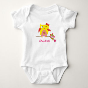 Personalised Cute Owl wit Pink Flowers Baby Bodysuit