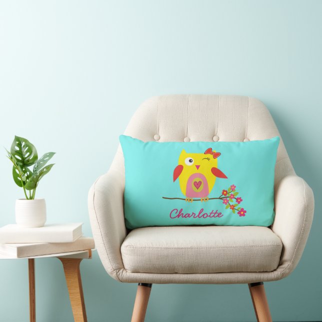 Personalised Cute Owl Yellow Pink Flowers Lumbar Cushion (Chair)