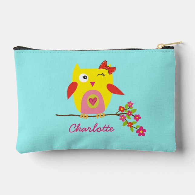 Personalised Cute Owl Yellow Pink Illustration Accessory Pouch (Back)