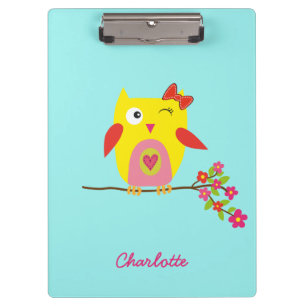 Personalised Cute Owl Yellow Pink Illustration Clipboard