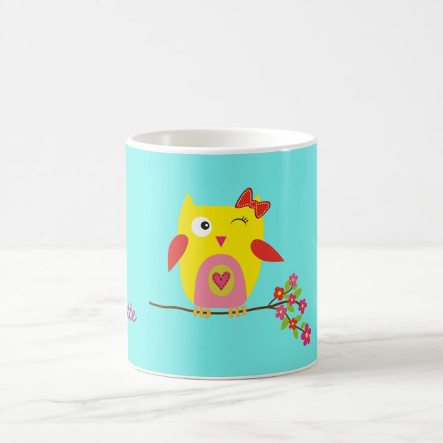 Personalised Cute Owl Yellow Pink Illustration Coffee Mug (Center)