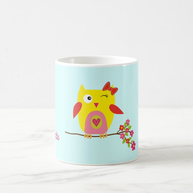 Personalised Cute Owl Yellow Pink Illustration Coffee Mug (Center)