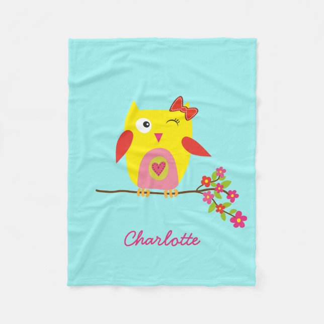 Personalised Cute Owl Yellow Pink Illustration Fleece Blanket (Front)
