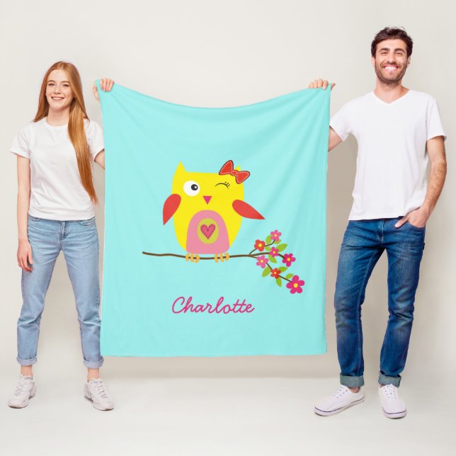 Personalised Cute Owl Yellow Pink Illustration Fleece Blanket (In Situ)