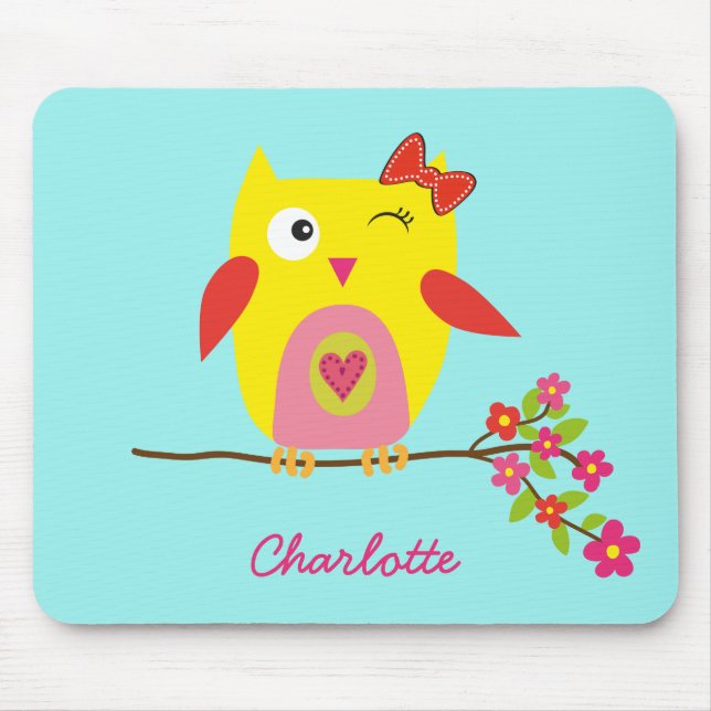 Personalised Cute Owl Yellow Pink Illustration Mouse Mat (Front)