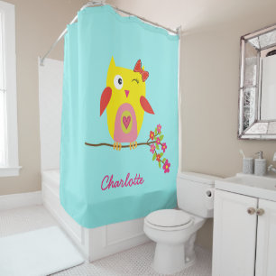 Personalised Cute Owl Yellow Pink Illustration Shower Curtain