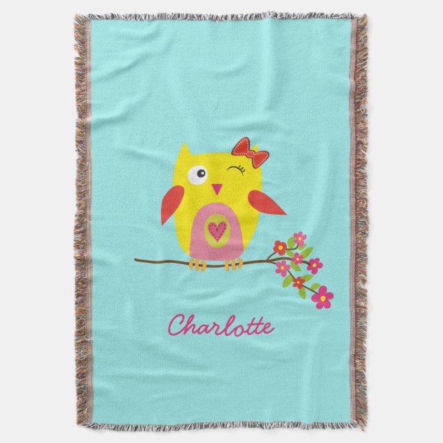 Personalised Cute Owl Yellow Pink Illustration Throw Blanket (Front Vertical)