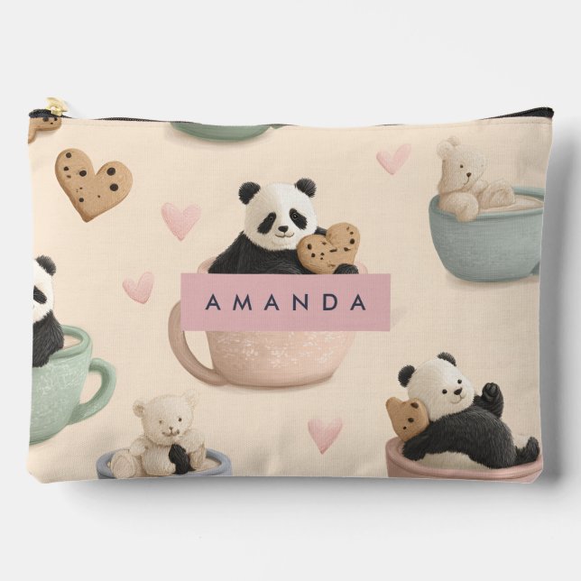 Personalised Cute Panda and Bear Pattern Accessory Pouch (Front)