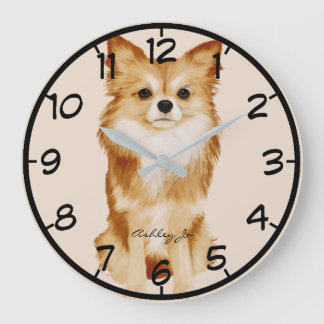 Personalised Cute Papillon Dog Watercolor Large Clock