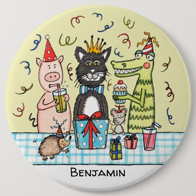 Personalised Cute Party Animals Button Badge (Front)