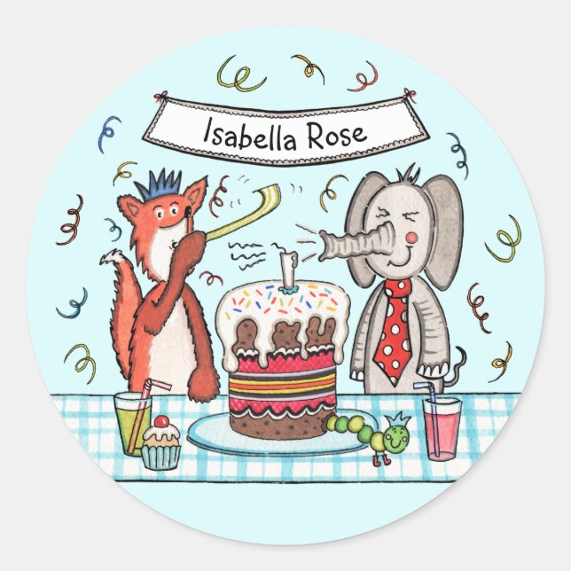 Personalised Cute Party Animals Classic Round Sticker (Front)