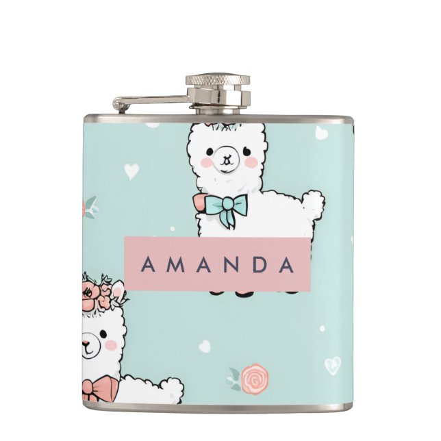 Personalised Cute Pastel Alpaca Pattern Hip Flask (Front)