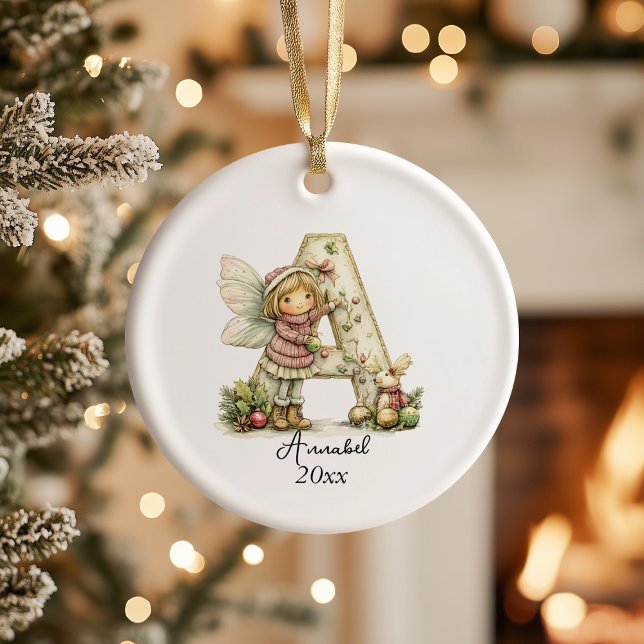 Personalised Cute Pastel Fairy Christmas Initial  Ceramic Tree Decoration (Creator Uploaded)