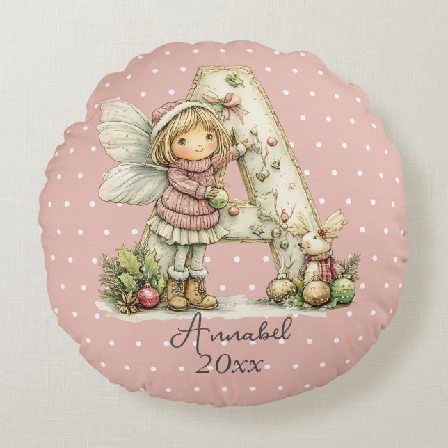 Personalised Cute Pastel Fairy Christmas Initial  Round Cushion (Front)