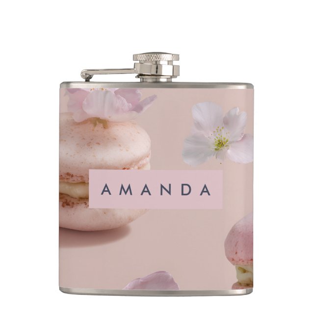 Personalised Cute Pastel Macaron Almond Flower Hip Flask (Front)