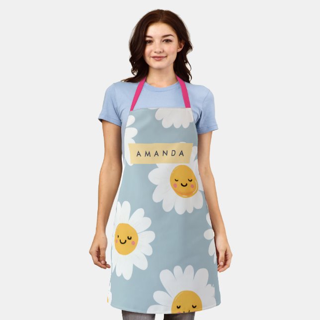 Personalised Cute Pastel Smiling Daisy Apron (Worn)