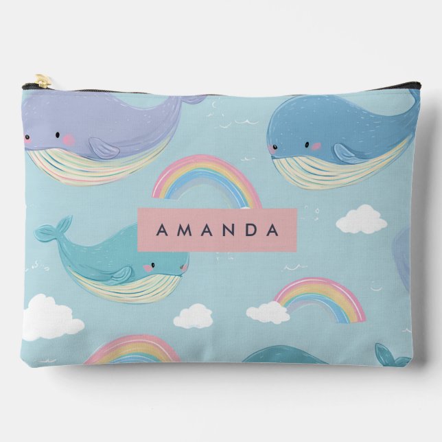 Personalised Cute Pastel Whale and Rainbow Pattern Accessory Pouch (Front)