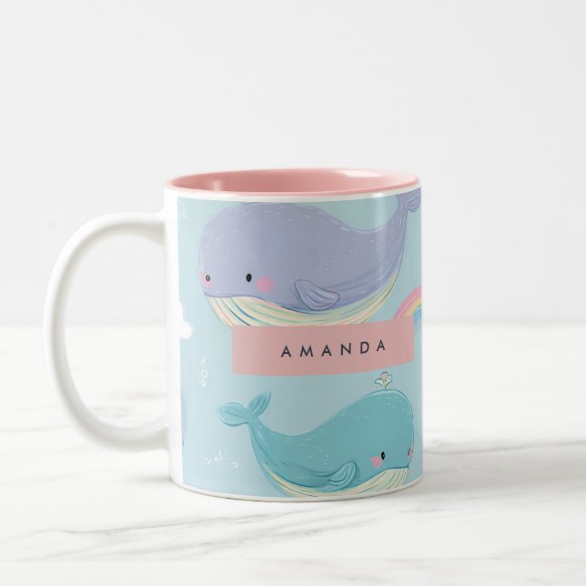 Personalised Cute Pastel Whale and Rainbow Pattern Two-Tone Coffee Mug (Left)