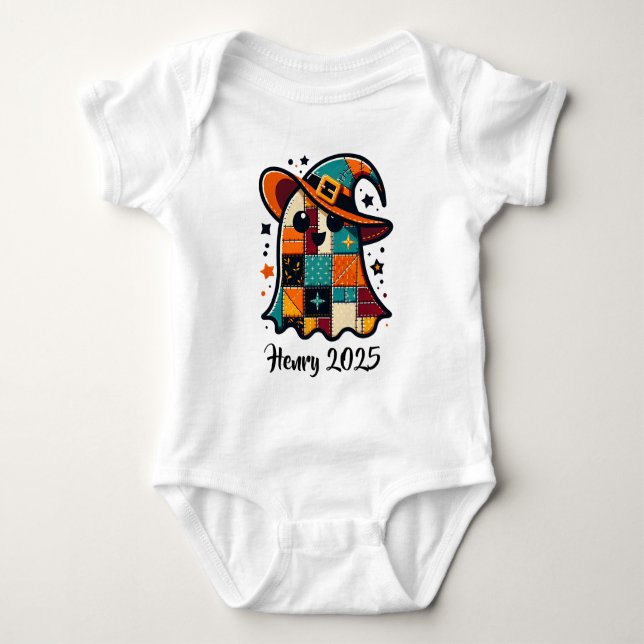 Personalised Cute Patchwork Ghost Halloween Baby Bodysuit (Front)