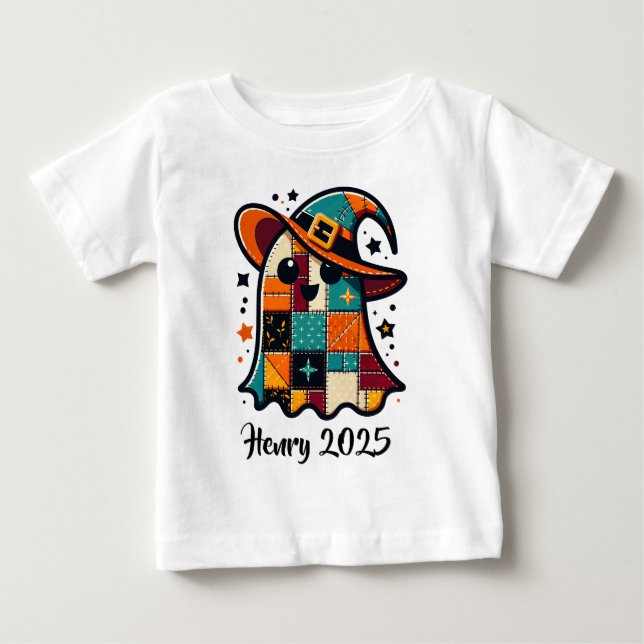 Personalised Cute Patchwork Ghost Halloween Baby T-Shirt (Front)