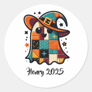 Personalised Cute Patchwork Ghost Halloween Classic Round Sticker