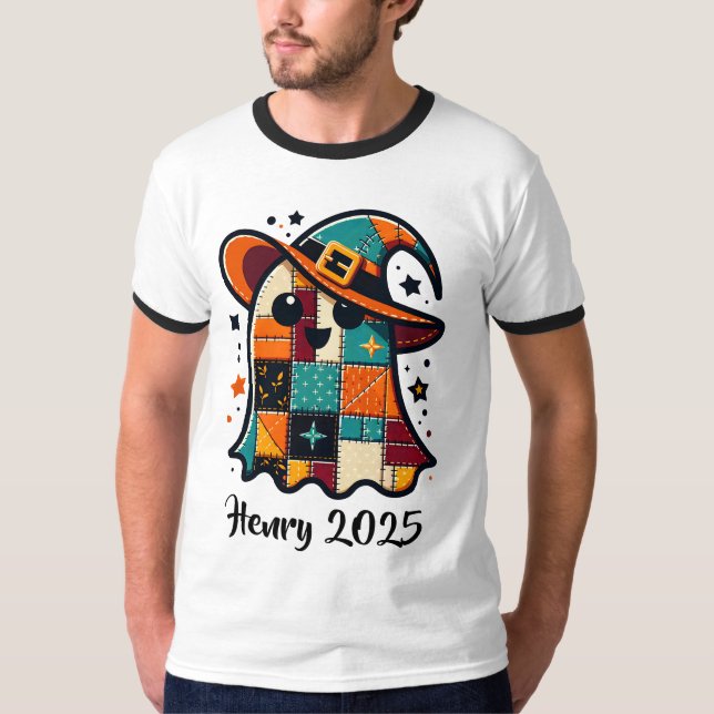 Personalised Cute Patchwork Ghost Halloween T-Shirt (Front)
