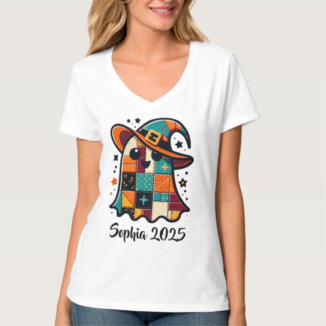 Personalised Cute Patchwork Ghost Halloween T-Shirt (Front)