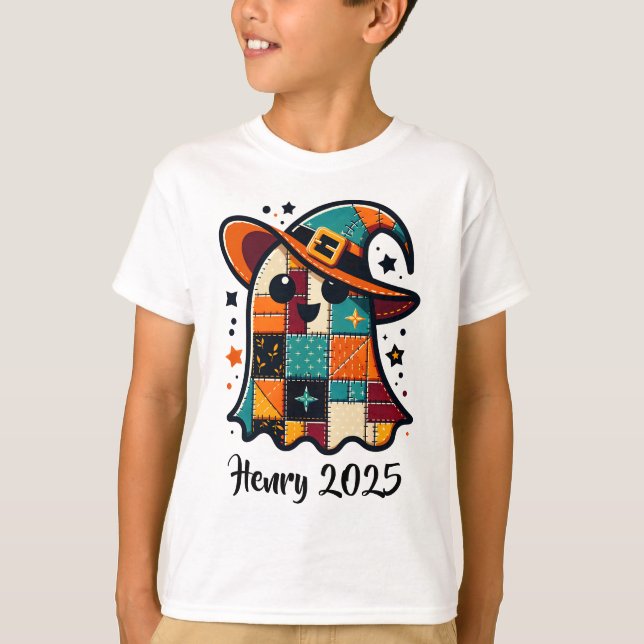 Personalised Cute Patchwork Ghost Halloween T-Shirt (Front)