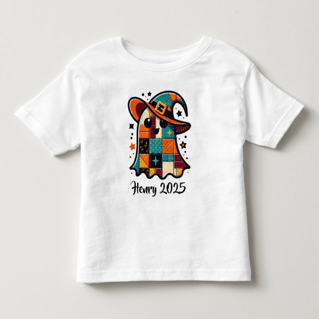 Personalised Cute Patchwork Ghost Halloween Toddler T-Shirt (Front)