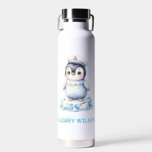 Personalised Cute Penguin Captain Illustration Water Bottle