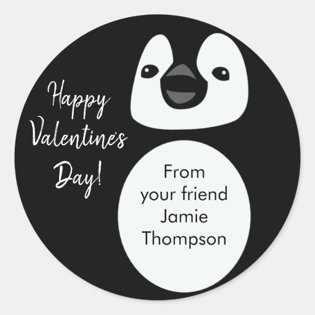 Personalised Cute Penguin Friend Kid's Valentine's Classic Round Sticker (Front)