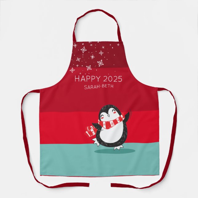 Personalised Cute Penguin Happy 20XX Holiday Apron (Front)