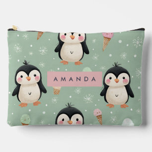 Personalised Cute Penguin & Ice Cream Pattern Accessory Pouch