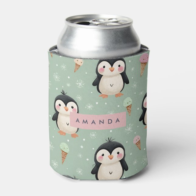 Personalised Cute Penguin & Ice Cream Pattern Can Cooler (Can Front)