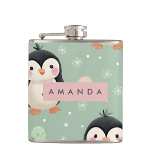 Personalised Cute Penguin & Ice Cream Pattern Hip Flask