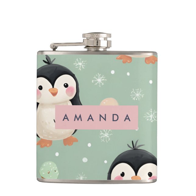 Personalised Cute Penguin & Ice Cream Pattern Hip Flask (Front)