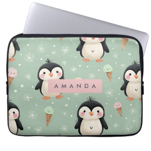 Personalised Cute Penguin & Ice Cream Pattern Laptop Sleeve