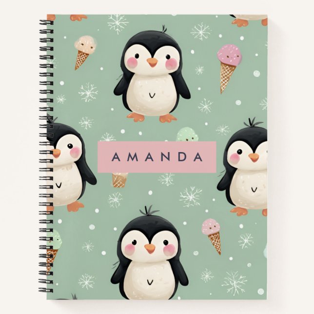 Personalised Cute Penguin & Ice Cream Pattern Notebook (Front)