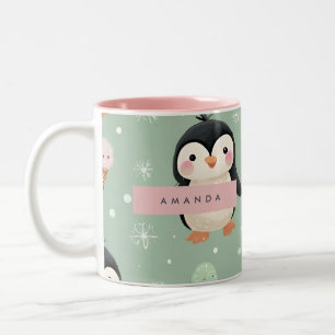 Personalised Cute Penguin & Ice Cream Pattern Two-Tone Coffee Mug