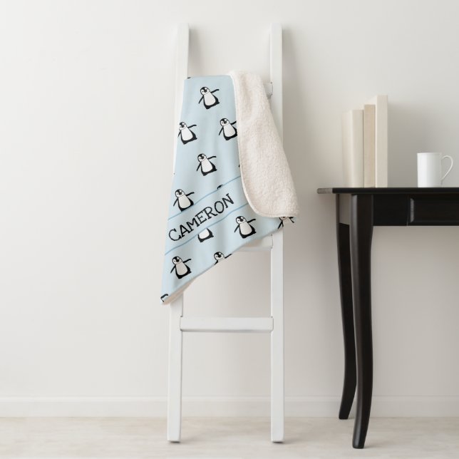 Personalised cute Penguin Illustration Baby Sherpa Blanket (In Situ)