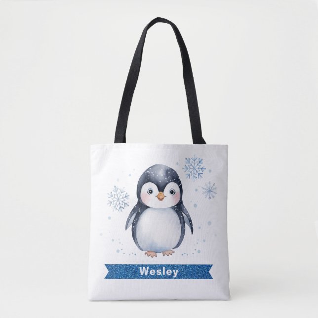 Personalised Cute Penguin Kids Tote Bag (Front)