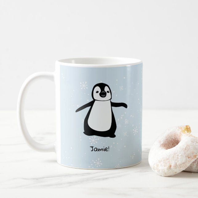 Personalised Cute Penguin Winter snow flakes Coffee Mug (With Donut)