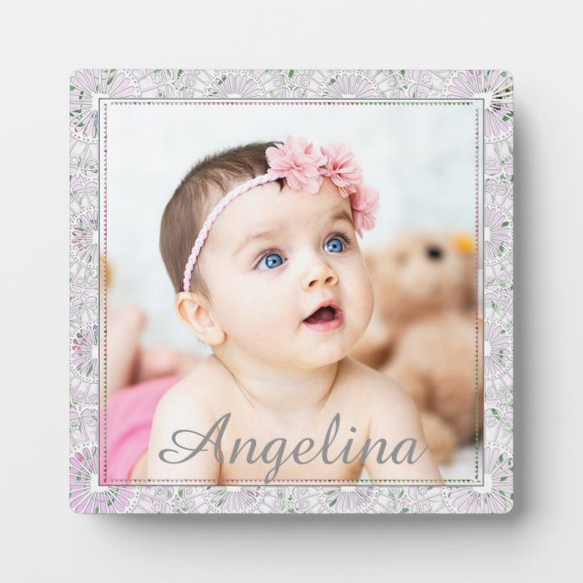 Personalised cute pink and grey Baby Photo Plaque (Front)