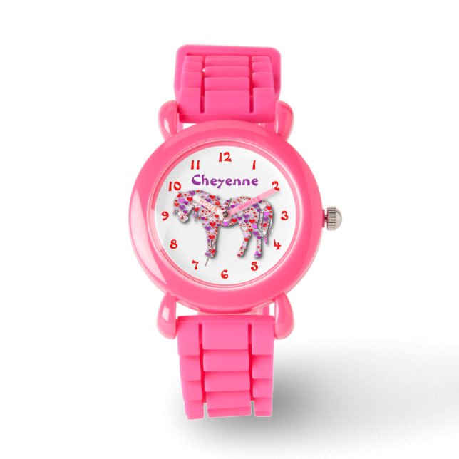 Personalised Cute Pink and Purple Heart Horse Pony Watch (Front)